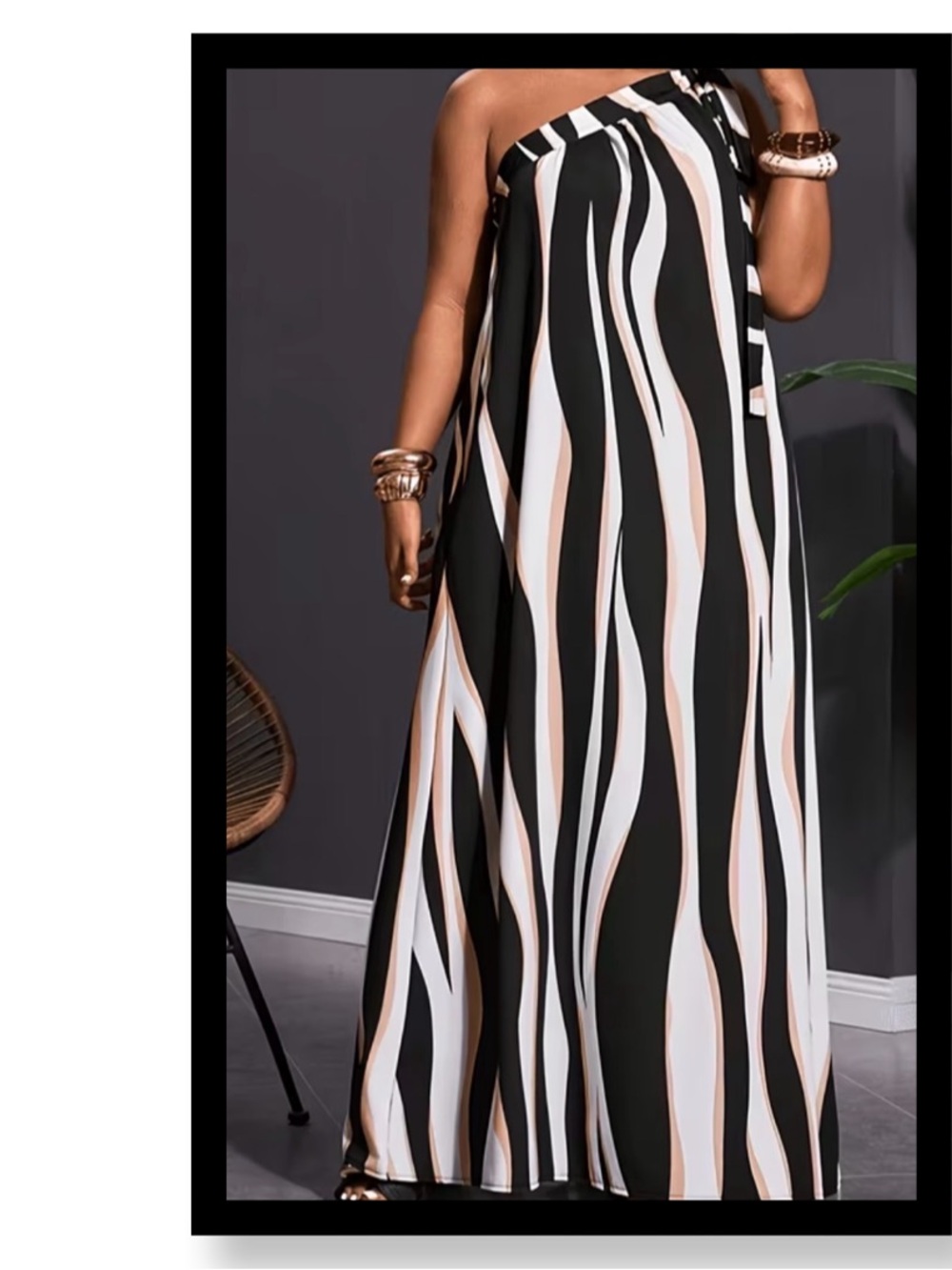 🆕 Women’s Plus Size One-Shoulder Black & White Stripe Maxi Dress